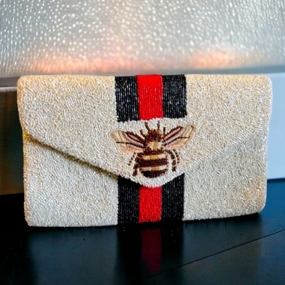 Tiana Handmade Beaded Clutch Handbag in Red White Blue with Bee Accent and Chain - Picture 1 of 7